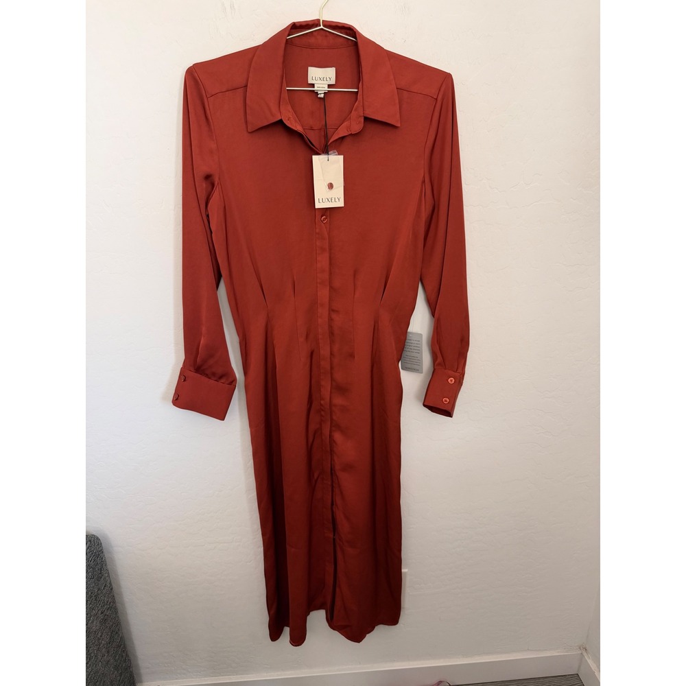 Luxely Burnt Orange Satin Midi Shirt Dress Long Sleeve Cinched Waist Size 8 NEW